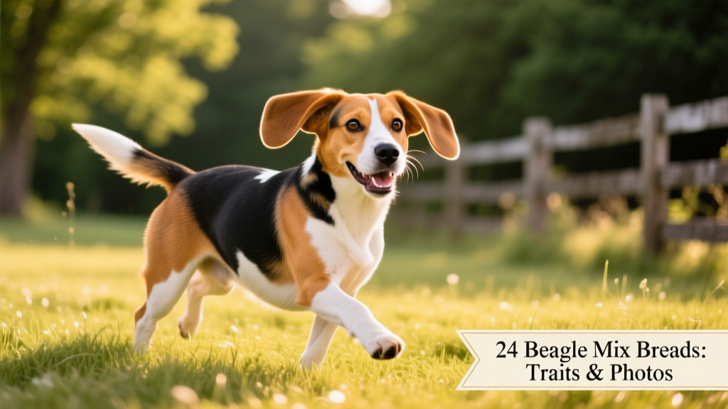 A cheerful Beagle mix playing outdoors, showcasing its floppy ears and bright eyes
