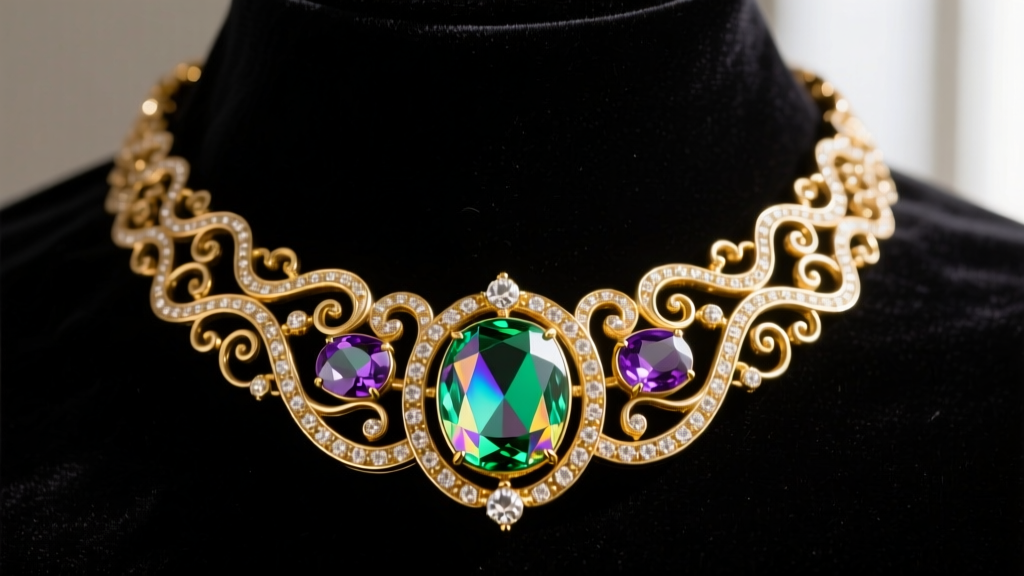 Close-up of a vintage 1960s Trifari gold-tone collar necklace featuring large aurora borealis rhinestones on dark velvet display