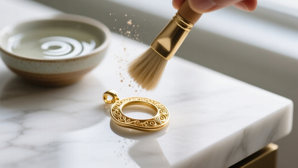 Soft brush gently cleaning a delicate gold vermeil pendant, with a small bowl of soapy water blurred in the background