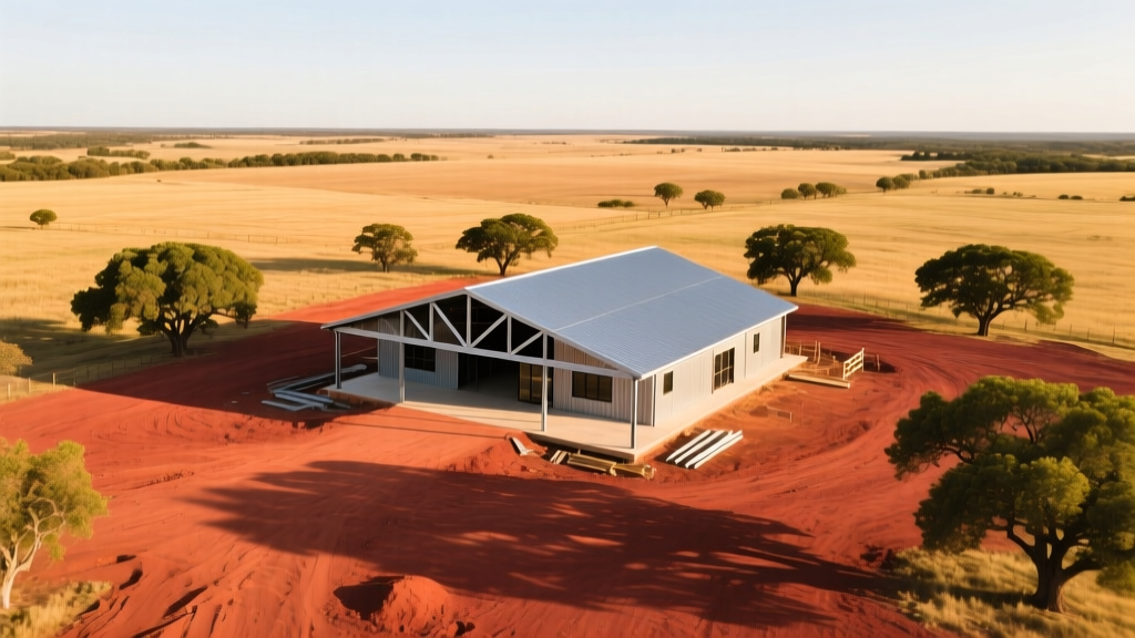 Aerial view of a modern steel-frame barndominium under construction on a sprawling Texas ranch with red dirt and scattered oak trees