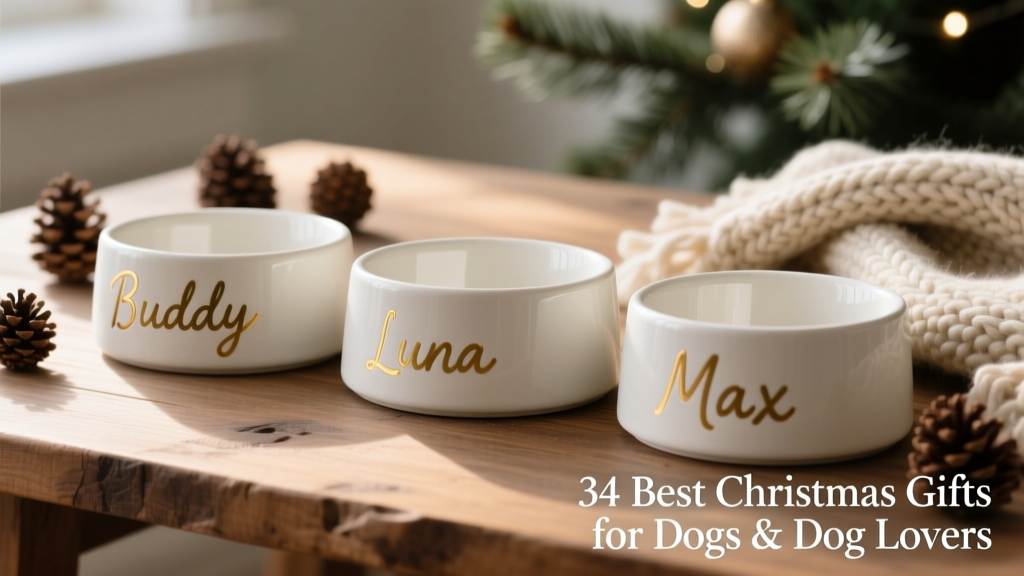Three colorful ceramic dog bowls side by side, each with a different dog's name hand-painted on the front