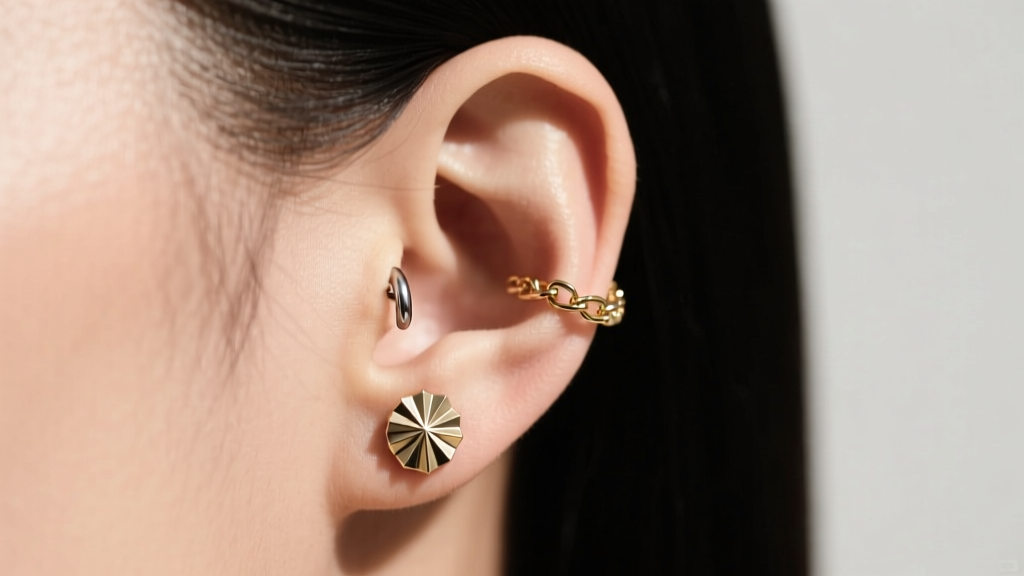 Side profile of an ear curation with a 16-gauge titanium flat-back sunburst stud in the helix and a delicate gold chain ear cuff.