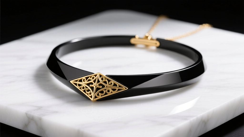 Sleek matte-black titanium Vesper vibrating necklace on white marble, soft studio lighting highlighting gold accents.