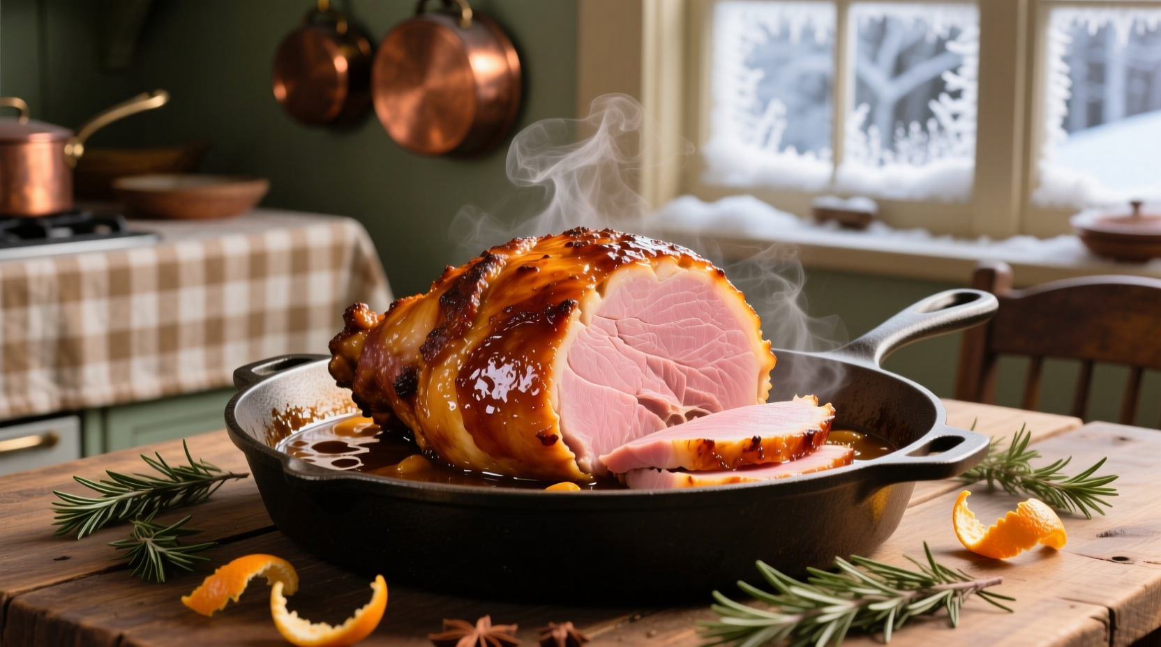 Fully cooked ham with glaze in roasting pan