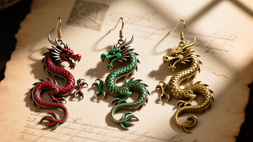 Overhead flat lay of three dragon-themed drop earrings with iron motifs, arranged neatly on an aged parchment paper background.