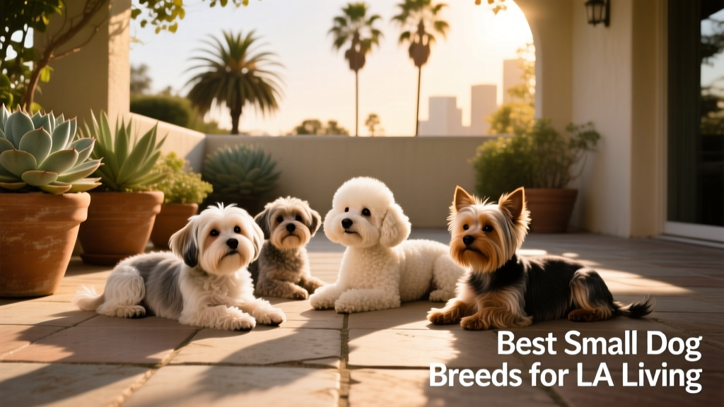 A diverse group of small dogs—a Havanese, Bichon Frise, and Yorkie—relaxing together on a shaded patio with a view of palm trees