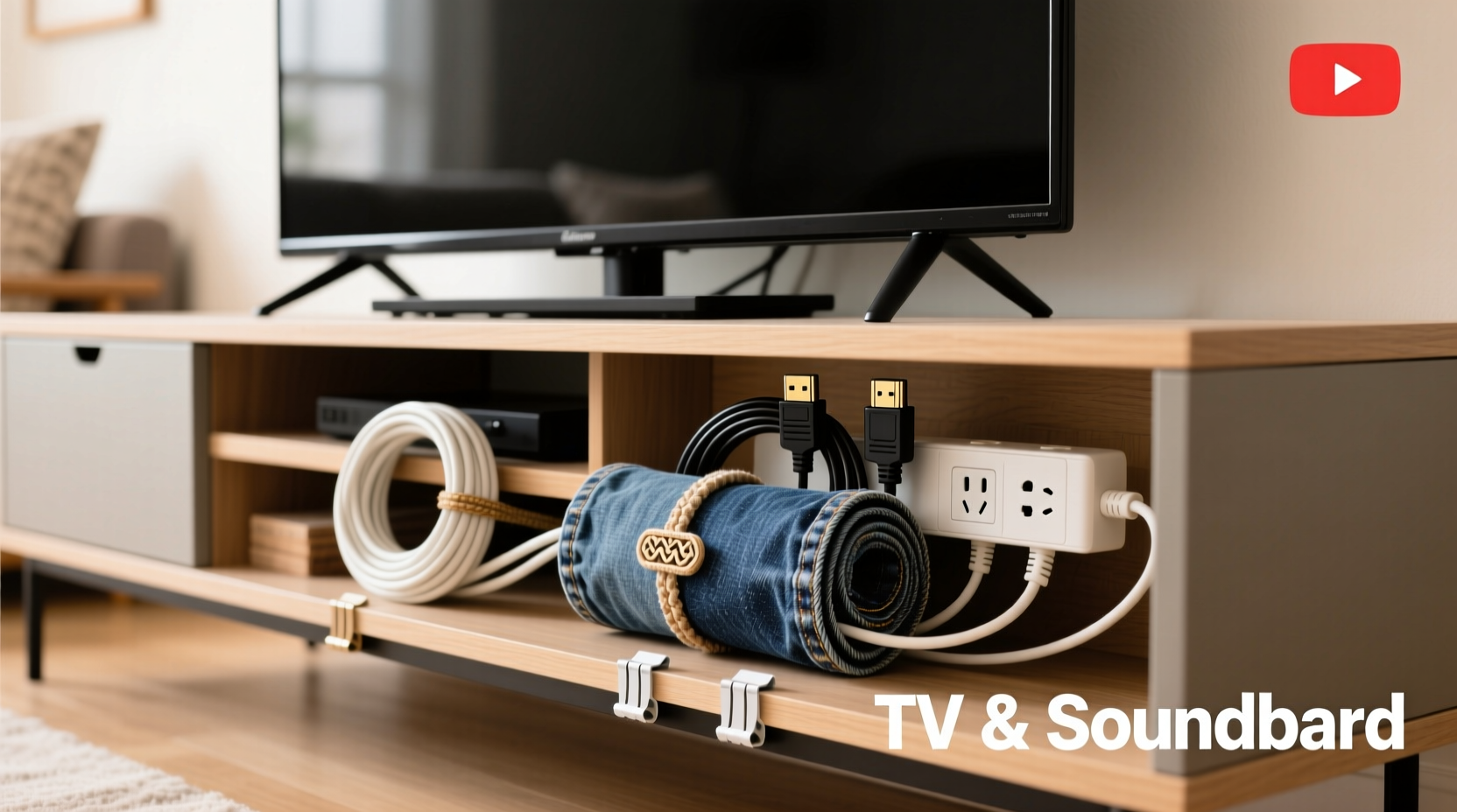 how to hide cords neatly behind your tv stand using everyday items
