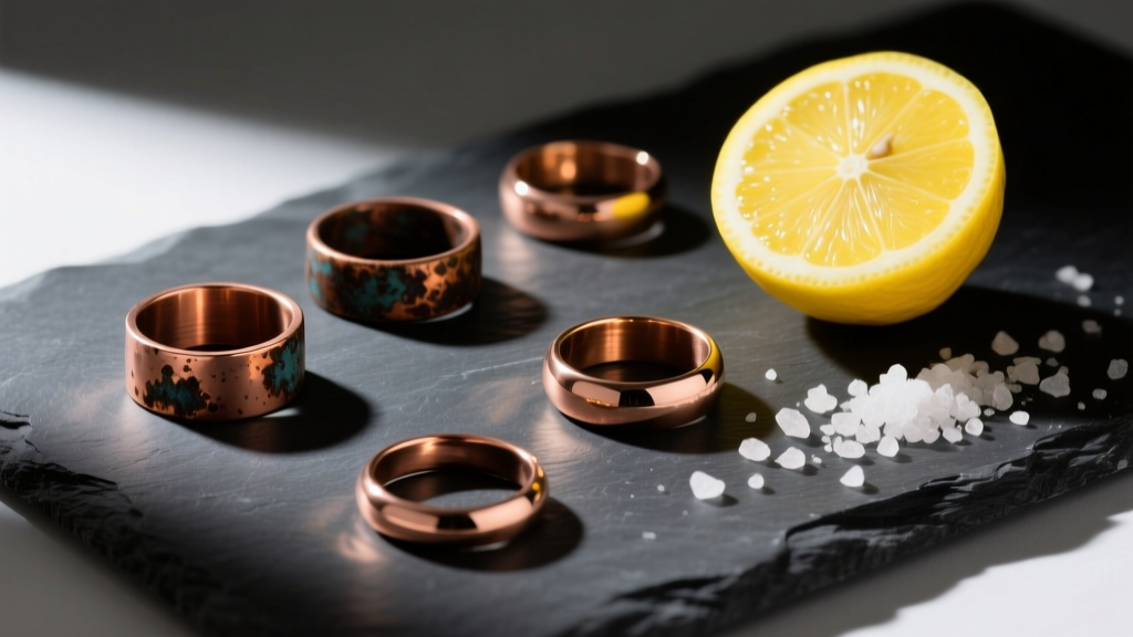Flat lay of tarnished and polished real copper rings on dark slate with lemon halves and coarse salt, moody directional lighting.