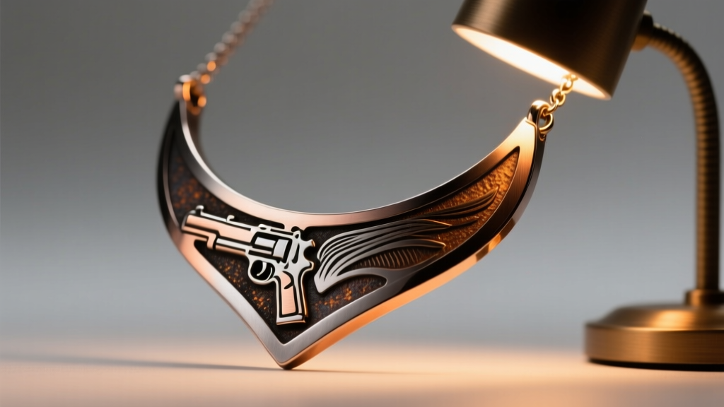 Macro shot of a laser-engraved steel image necklace showing high-contrast oxidized details, illuminated by a soft warm desk lamp