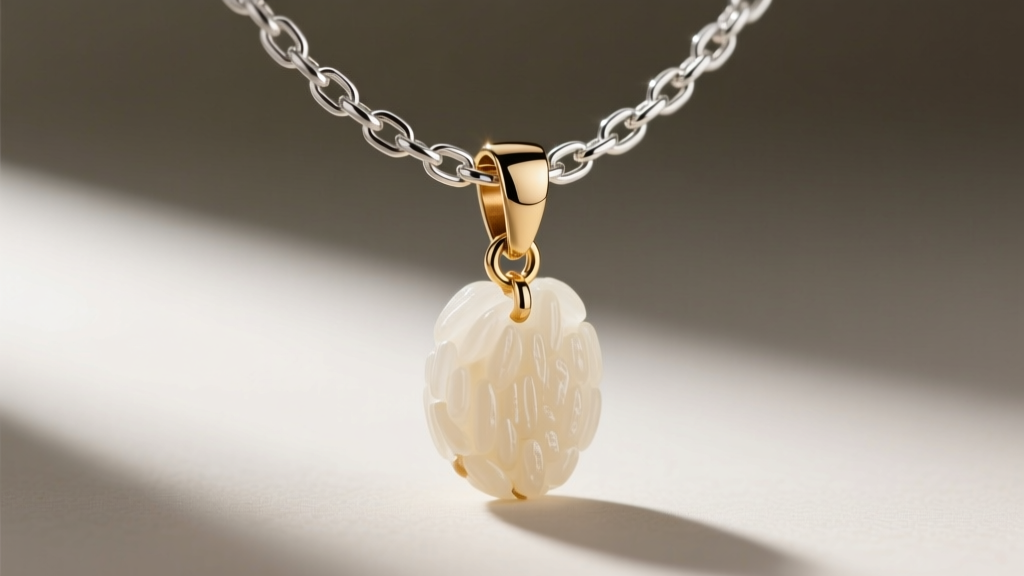 Close-up of a sterling silver box chain threaded through a brass bail cap on a rice pendant, showing a secure jump ring closure.