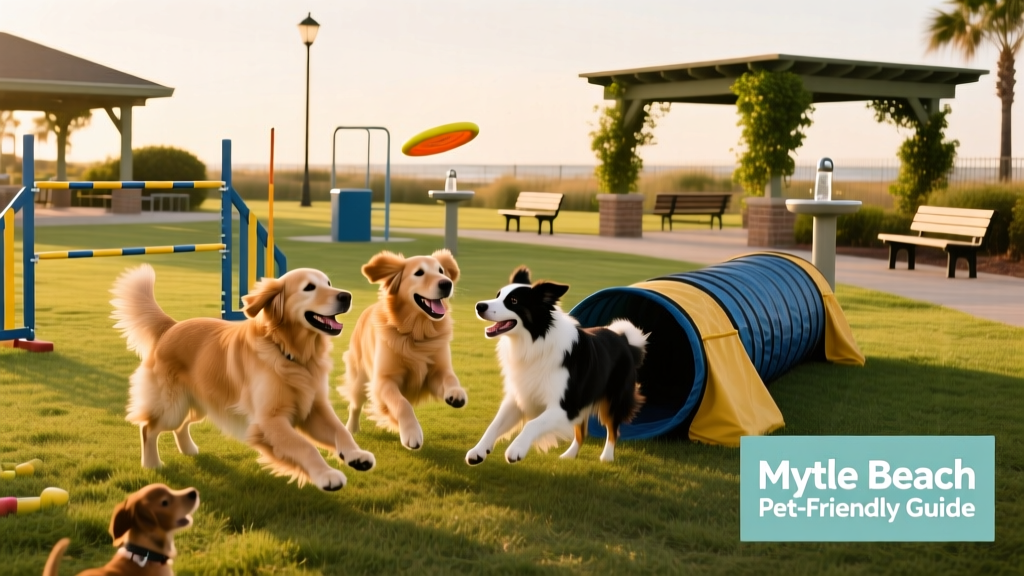Happy dogs playing together at a well-equipped dog park with agility equipment and shaded areas