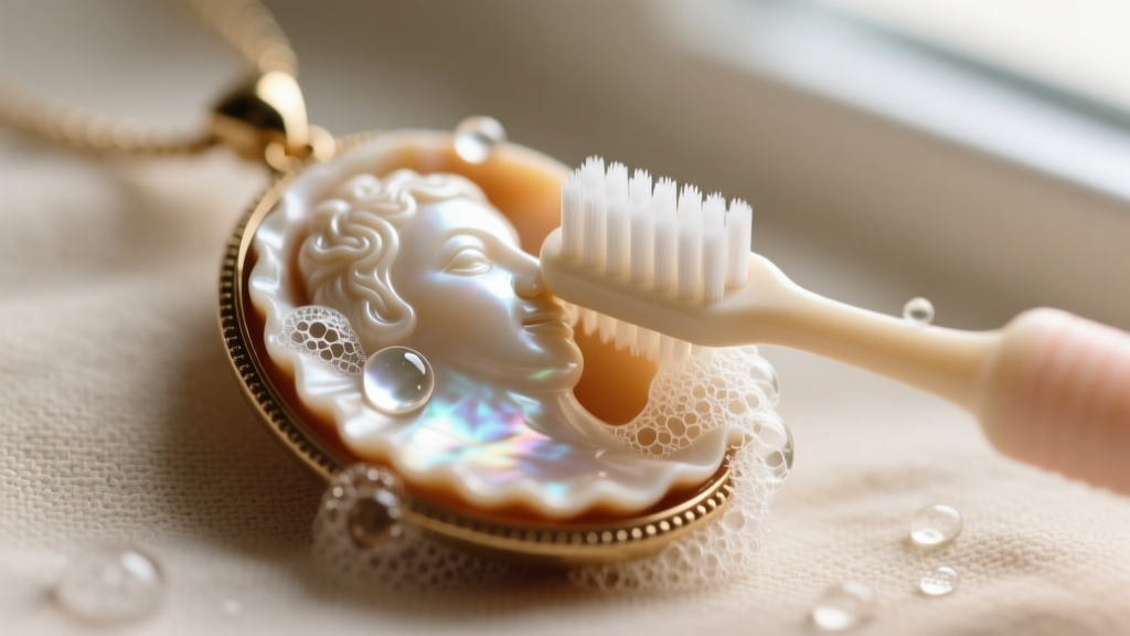 Soft baby toothbrush gently cleaning carved crevices of a shell cameo pendant, showing mild soap suds and distilled water drops.