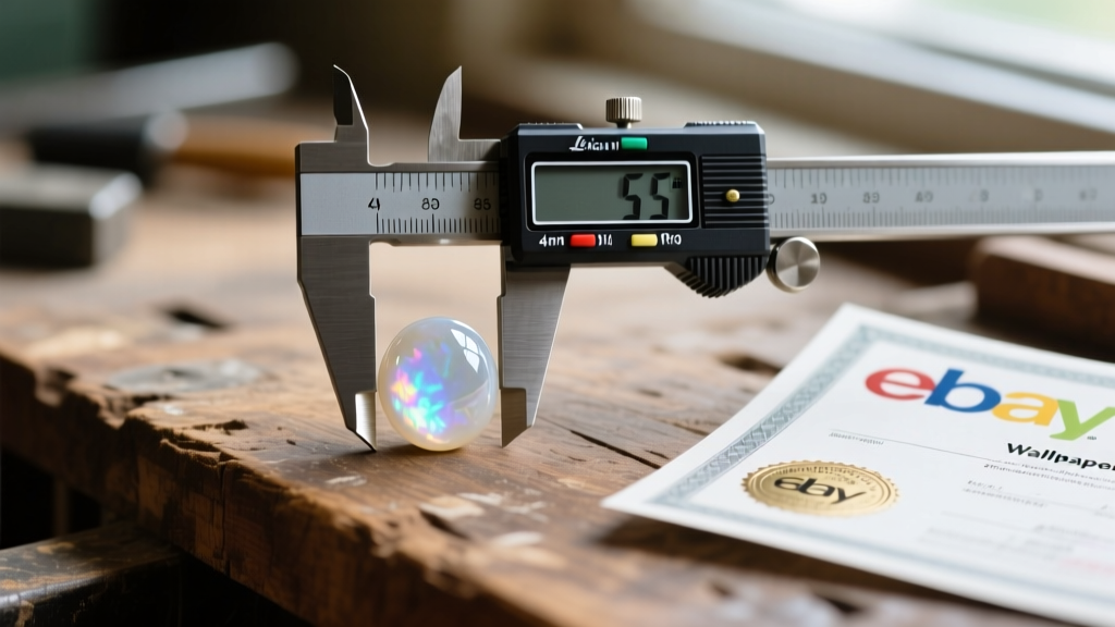 Macro shot of digital calipers measuring a 4mm moonstone cabochon beside an eBay certificate on a wooden workbench.