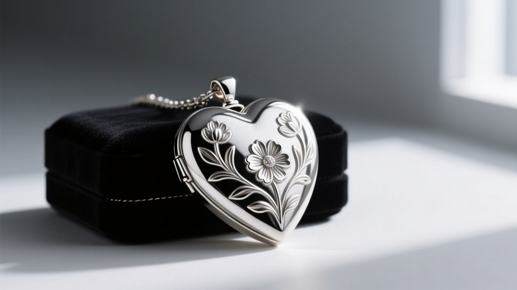 Sterling silver necklace heart locket on dark velvet, showing intricate floral engraving and a polished mirror finish.