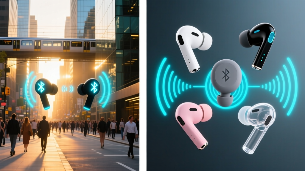 Split-screen digital rendering showing Bluetooth 6.0 Auracast signal distribution to multiple wireless earbuds in a crowded urban environment