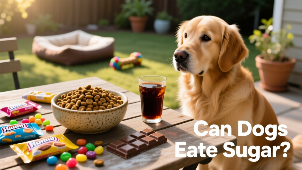 Side-by-side comparison: healthy dog food kibble vs. sugary human treats like candy and soda