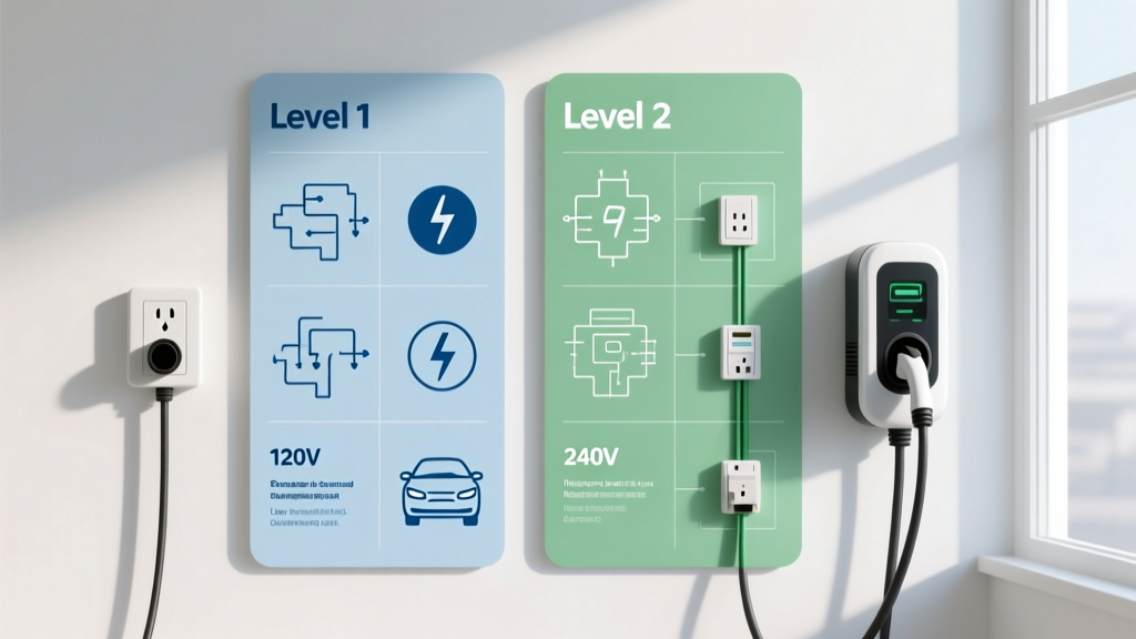 Infographic comparing hardware, electrical requirements, and installation costs of Level 1 and Level 2 home electric vehicle chargers