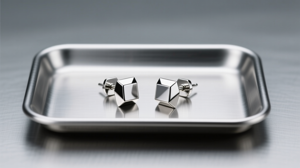 Implant-grade titanium stud earrings resting on a steel autoclave tray, illuminated by bright, clean clinical lighting.