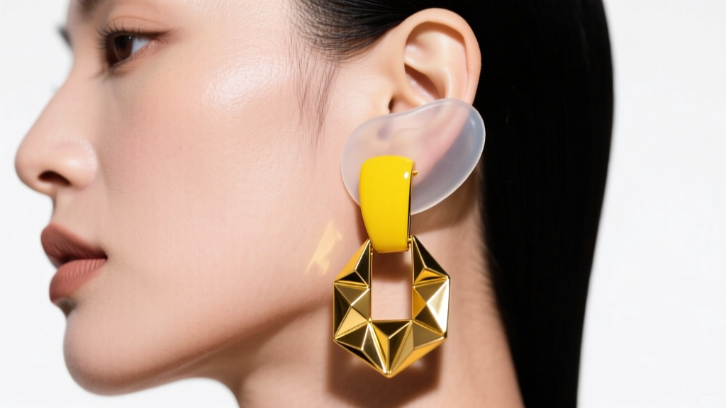 Earlobe wearing a heavy yellow dangle earring supported by a clear silicone patch, shown against soft studio lighting.