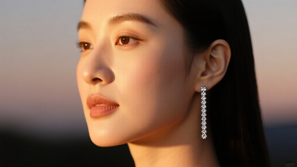 Close side profile of round-faced woman wearing long linear platinum drop earrings with pavé diamonds under soft warm evening glow