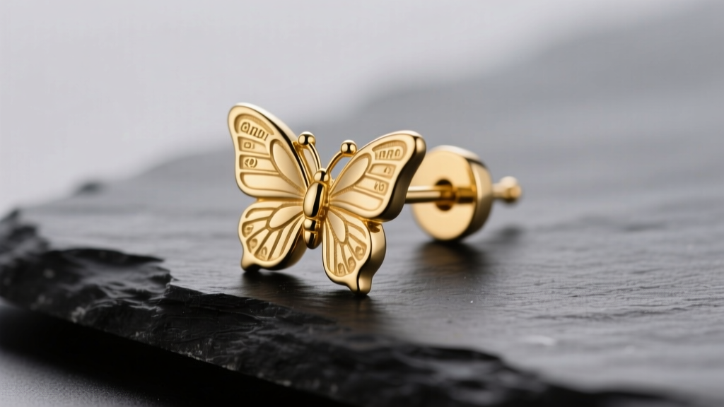Macro shot of a 20-gauge 14k gold push back earring post with a butterfly clutch resting on a matte black slate surface