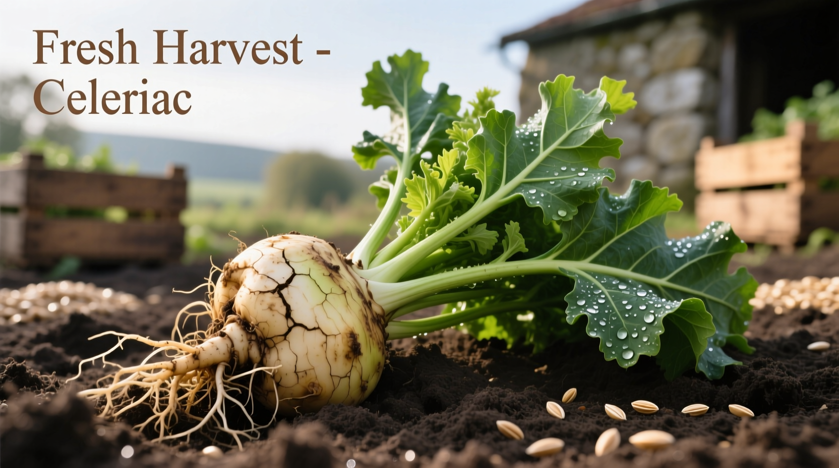 Freshly harvested celery root with leaves