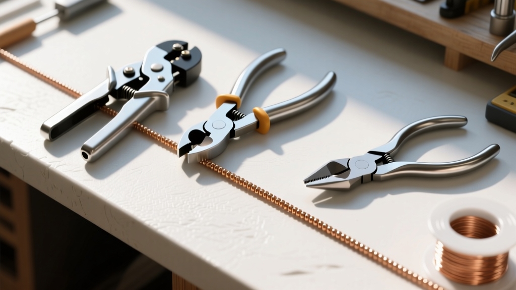 Overhead view of a workbench showing a micro crimper, standard crimping pliers, and flush cutters resting on coated beading wire.