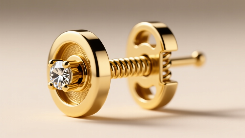 Macro view of an 18k yellow gold guardian earring back locked on a diamond stud post, showing the spring-loaded push mechanism