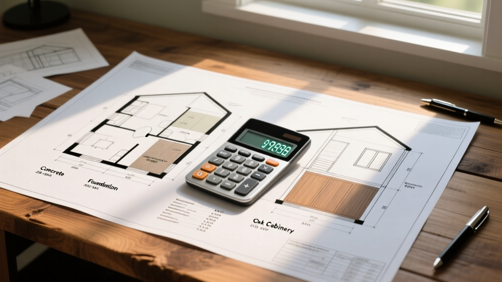 Architectural blueprint of a side-by-side duplex with material cost annotations and a digital calculator overlaid on a wooden desk