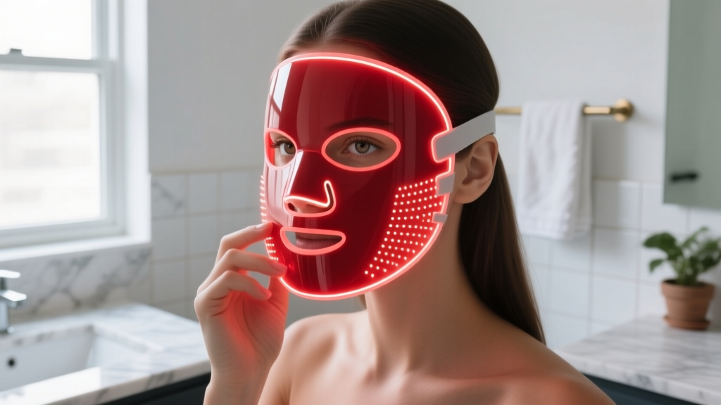 Close-up of a woman holding a flexible red light therapy LED silicone face mask in a bright bathroom, examining the diode layout.