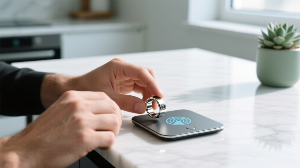 Close-up of a man hands interacting with a sleek titanium smart ring and a modular haptic touchpad on a modern minimalist desk setup