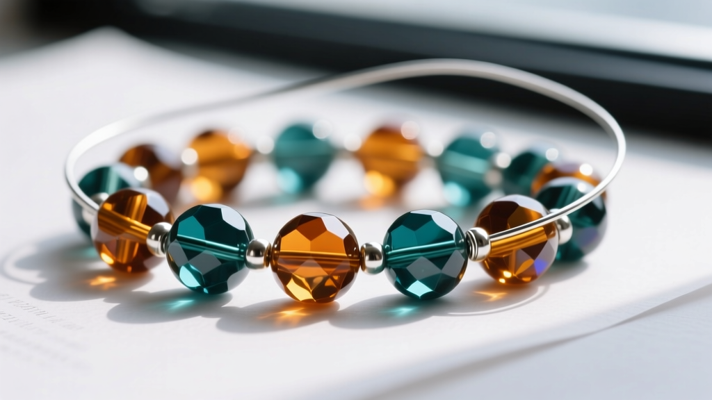 Macro shot of fire-polished Czech glass beads in amber and teal, strung on nylon-coated steel wire with silver crimp bead covers.