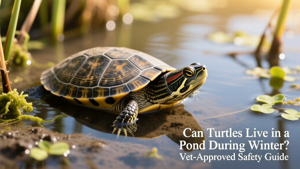 Close-up of a painted turtle resting motionless on pond mud beneath clear, cold water, with visible aquatic vegetation nearby