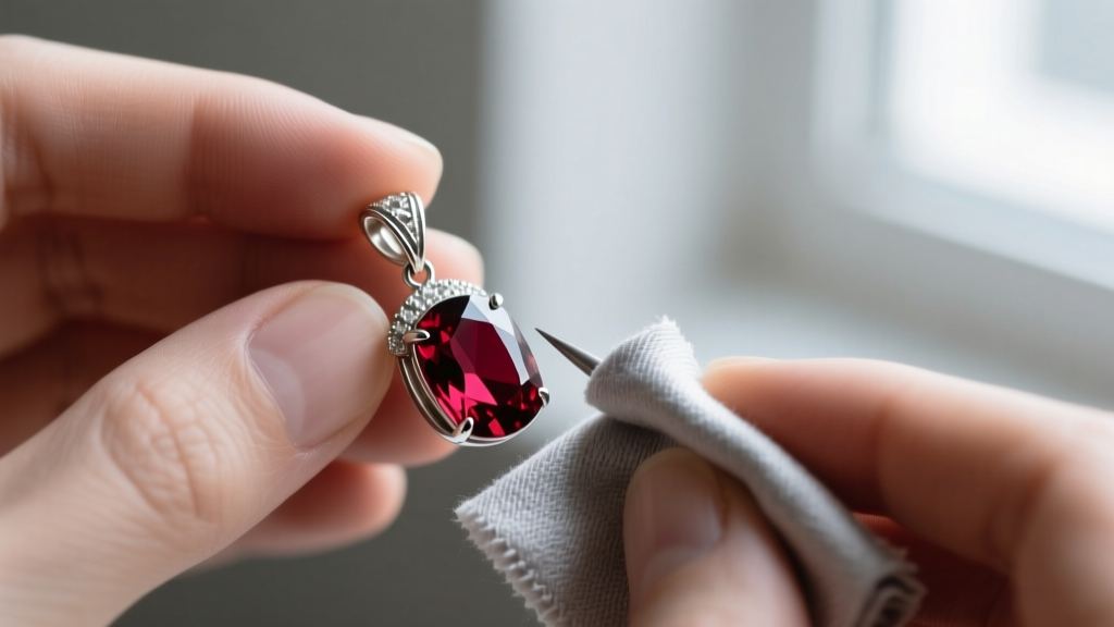 Jeweler using a microfiber silver polishing cloth to clean the bail of a garnet pendant, carefully avoiding the gemstone facets