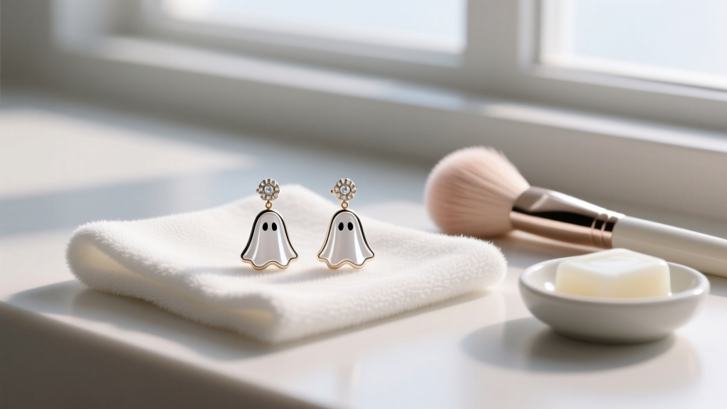 BaubleBar Ghost earrings resting on microfiber cloth beside a soft brush and mild soap, demonstrating proper fashion jewelry cleaning