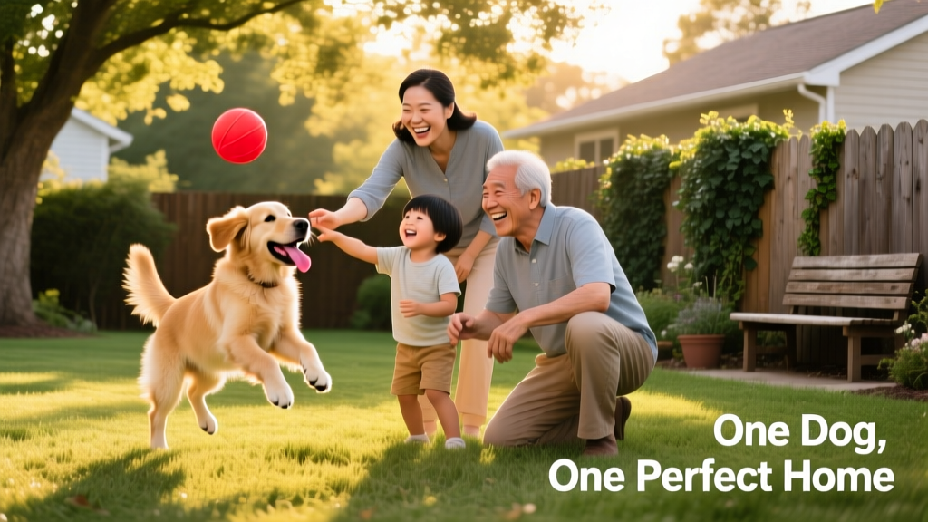 A smiling family playing with a young Golden Retriever in their backyard