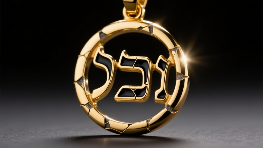 Extreme close-up of a gold Am Yisrael Chai pendant showing chipped black enamel inside Hebrew letters, illuminated by a ring light.