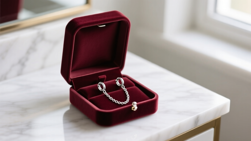 Open velvet gift box on marble vanity revealing delicate 925 sterling silver threader chain earrings bathed in soft morning light.