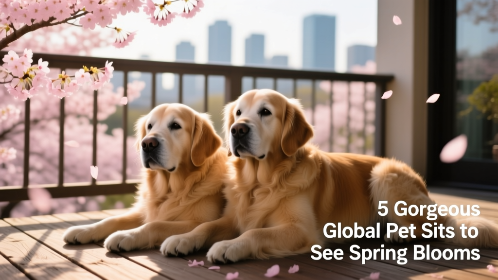 Two calm, gray-muzzled dogs resting side-by-side on a sunlit balcony overlooking cherry blossom branches