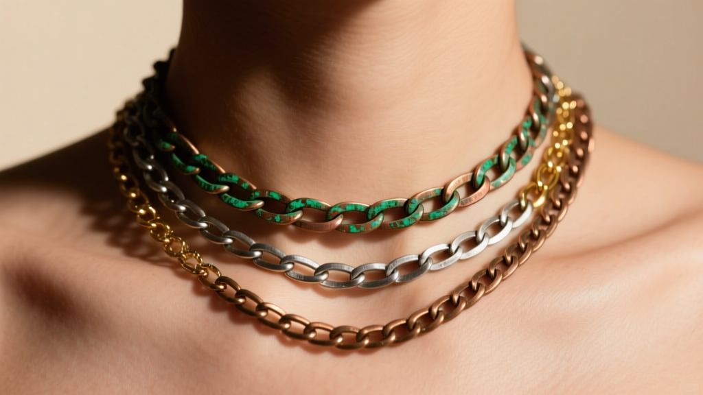 Close-up of mixed metal necklaces on skin, showing green discoloration near the collarbone from reactive copper alloys.