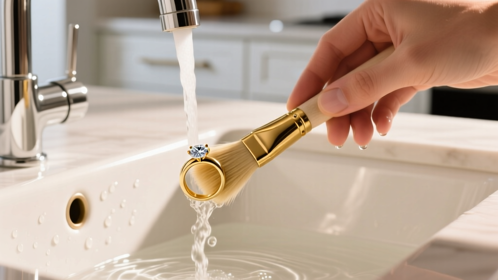 Hand holding a soft brush gently scrubbing the underside of a 14k gold diamond ring under warm running water in a white sink.