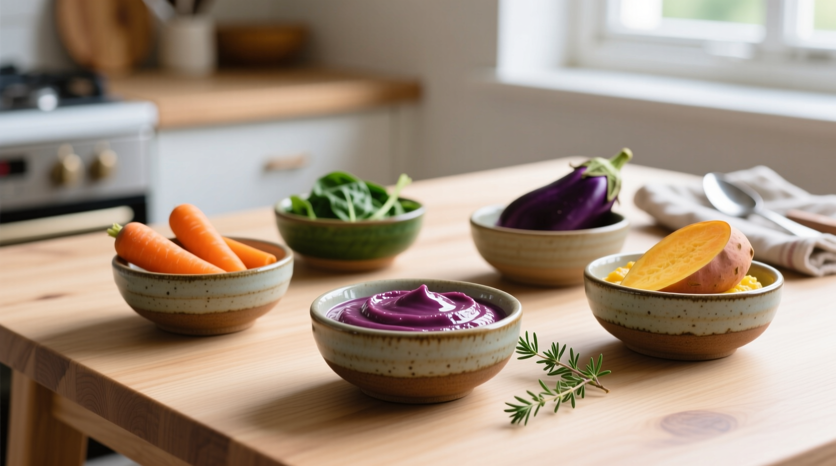 Colorful pureed vegetables in small bowls