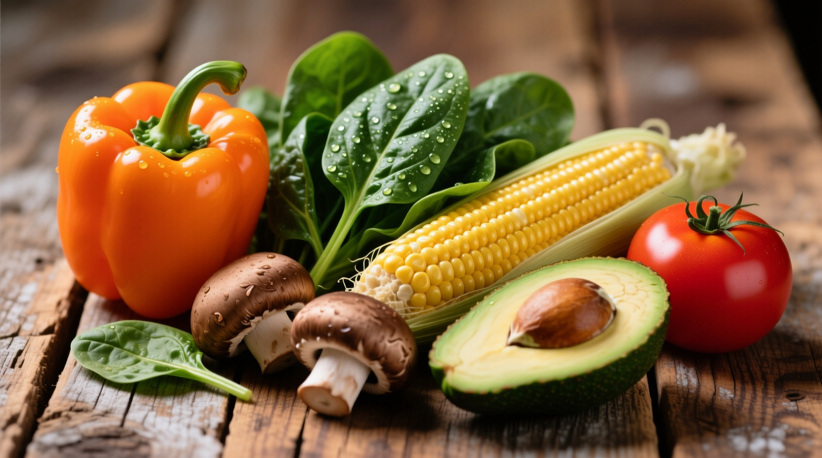 Colorful assortment of vitamin B-rich foods on wooden surface