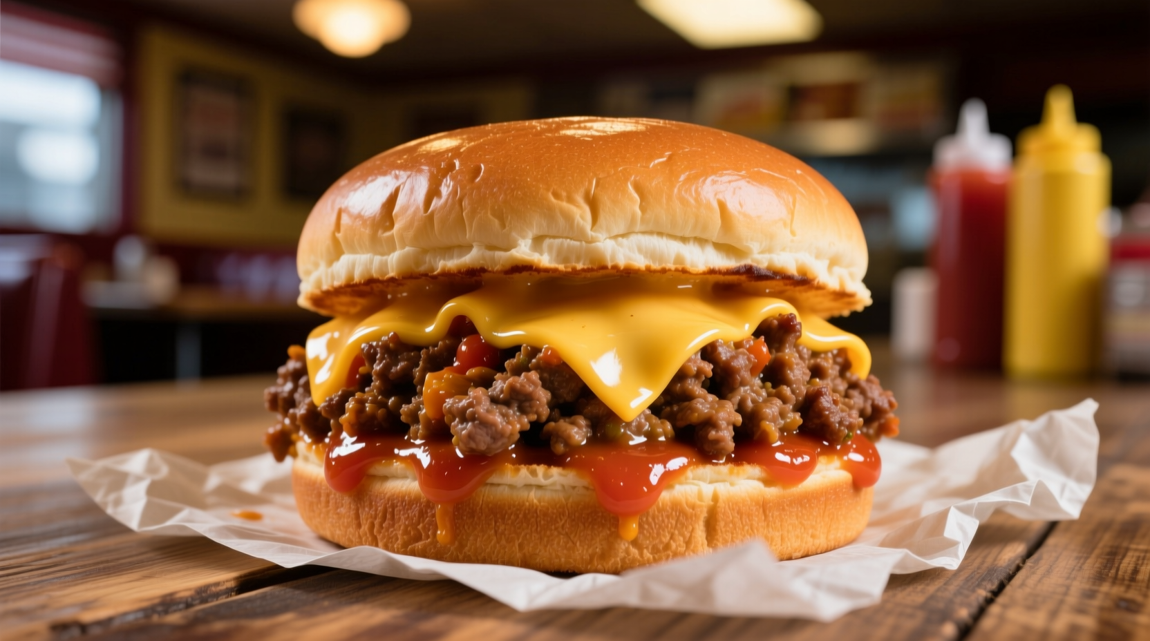 Classic sloppy joe sandwiches on toasted buns with melted cheese