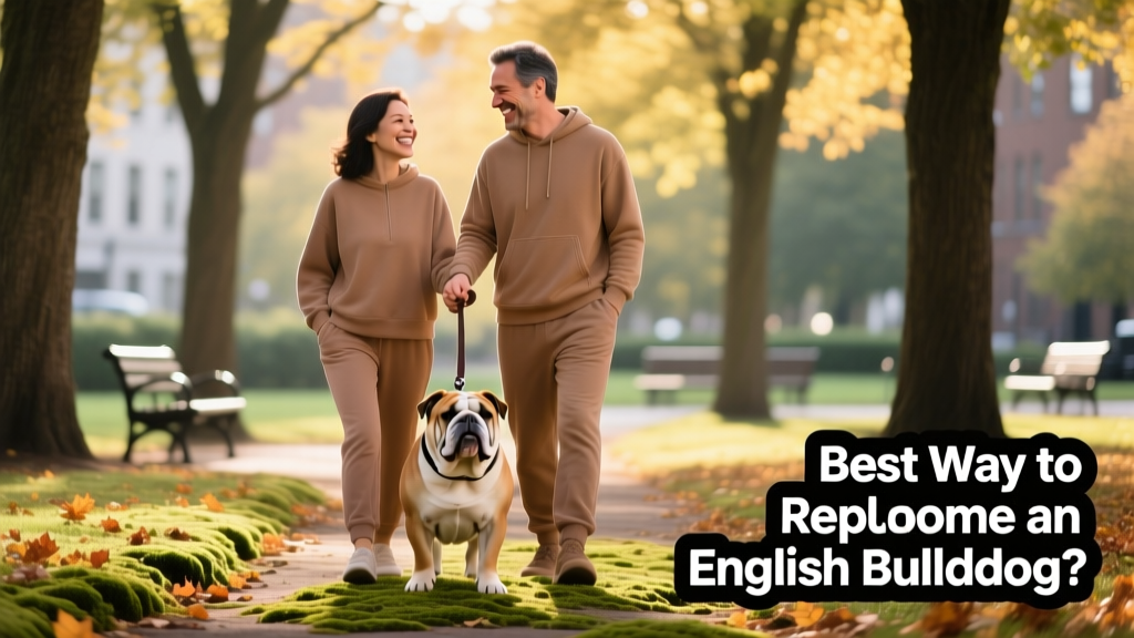 Two people smiling warmly as they gently hold the leash of a relaxed English Bulldog during a meet-and-greet in a quiet park setting
