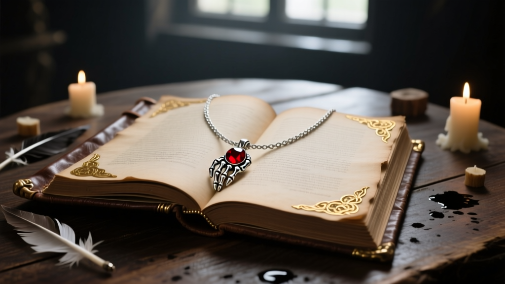 Silver necklace with a skeletal hand pendant holding a red garnet on an open fantasy book in moody dark academia lighting.