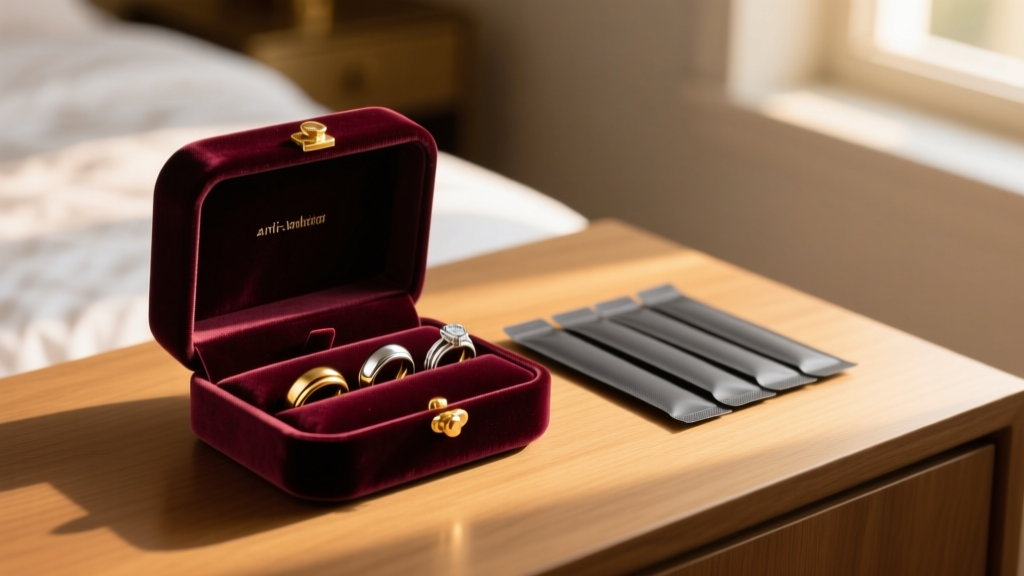 Velvet jewelry box holding polished gold and silver rings next to dark grey anti-tarnish silica strips in warm bedroom lighting.
