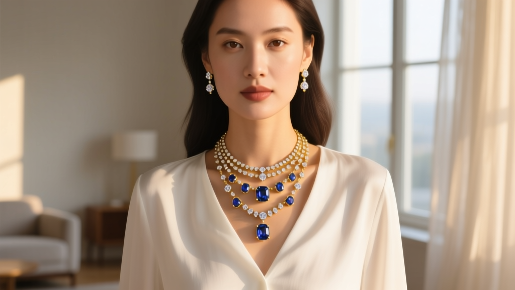 Woman wearing layered raw sapphire and diamond gold necklaces against white linen, shot in warm natural afternoon window lighting