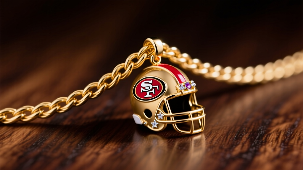 Macro shot of a 5mm 14k gold rope chain linking to a 49ers helmet pendant with ruby and diamond accents on a dark wood surface