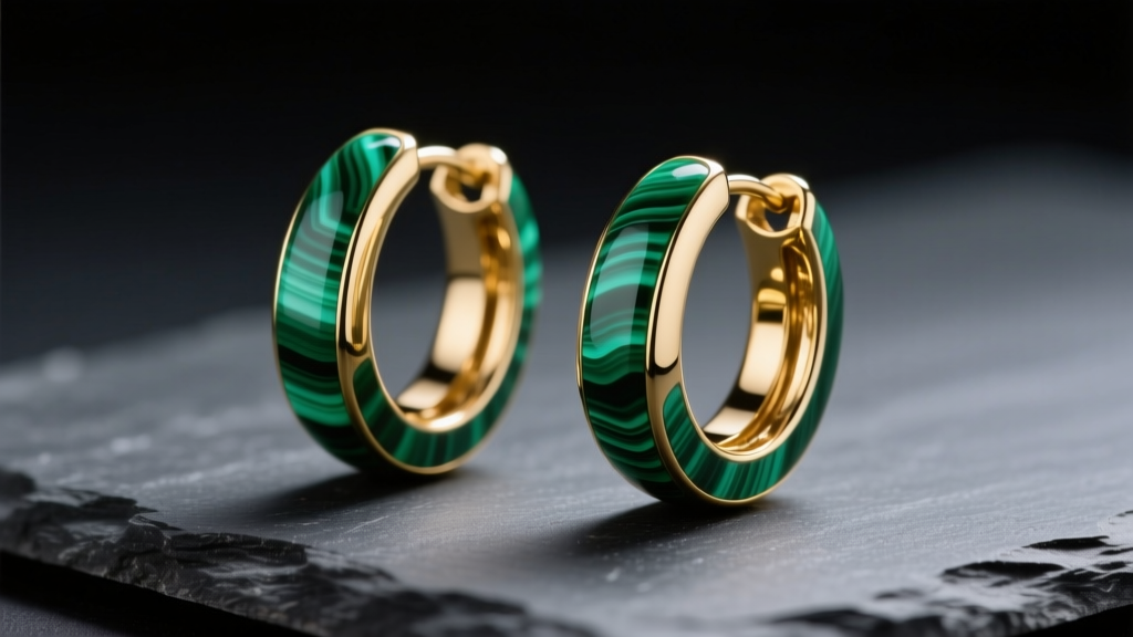 Macro shot of malachite-inlaid gold hoop earrings on dark slate, highlighting vivid green banding and polished metal edges.